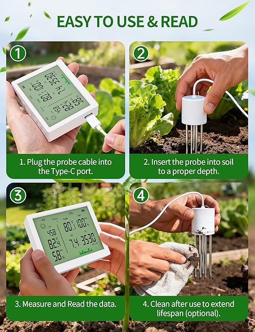 7 in 1 Soil Test Kit, Digital Soil Meter for PH/Sunlight/Fertility/Soil & Air Temp, Humidity Meter for Indoor & Outdoor Plant, Growing Environment Tester with Large LCD Display for Farm, Garden & Lawn - Image 7
