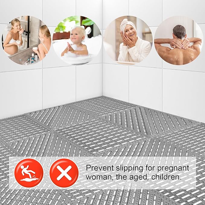 MYFAMIREA Modular Interlocking Cushion 12 Pack 11.8" x 11.8" Rubber Floor Tiles Non-Slip Splicing Drainage Mats for Deck, Pool, Shower, Patio, Balcony, Bathroom, Kitchen, Yard (1 Rows Dots, Gray) - Image 6