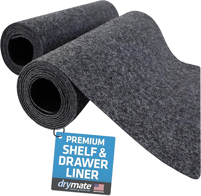 Drymate Premium Luxury Shelf & Drawer Liner, Thick Cushioned Fabric, Non-Adhesive, Absorbent, Waterproof, Slip-Resistant, Liners for Kitchen Cabinets, Cupboards (USA Made)(12”x59”)(2-Pack)(Charcoal) by Drymate