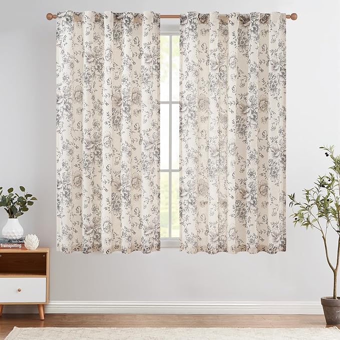 jinchan Linen Blend Curtain Floral Curtains for Living Room 63 Inch Length Black Printed Curtain Rod Pocket Back Tab Farmhouse Peony Flower Patterned Drapes Bedroom Window Curtains Set 2 Panels by JINCHAN