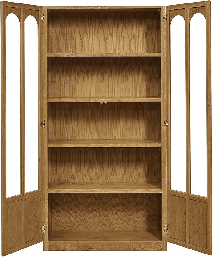Modway Anwen 79" Wood Display Cabinet with Glass Doors in Oak – Modern China Cabinet with Arched Door Detail – Large Curio Cabinet for Collectibles - Image 8