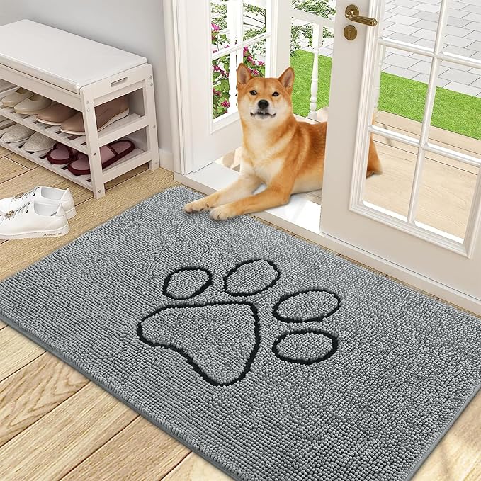 OLANLY Dog Door Mat for Muddy Paws 48x30, Paw Print Design, Absorbs Moisture and Dirt, Absorbent Non-Slip Washable Doormat, Quick Dry Chenille Mud Mat for Dogs, Entry Indoor Entryway Carpet, Grey by OLANLY