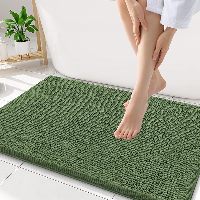 Smiry Luxury Chenille Bathroom Rugs 34x21, Extra Soft and Absorbent Shaggy Bath Mat, Machine Washable, Non-Slip Plush Carpet Runner for Tub, Shower, and Floor, Home Decor Accessories, Olive Green by Smiry