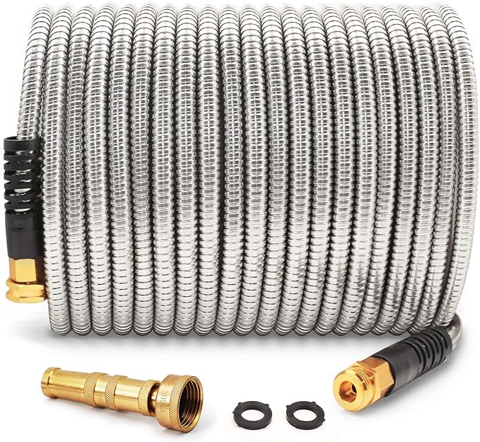 Cesun Metal Water Hose 50 ft, Outdoor Heavy Duty Garden Hose, Flexible, No Kink and Lightweight Stainless Steel Garden Hose for RV, Outdoor, Yard, Lawn, 50 foot x 5/8", Female to Male by Cesun