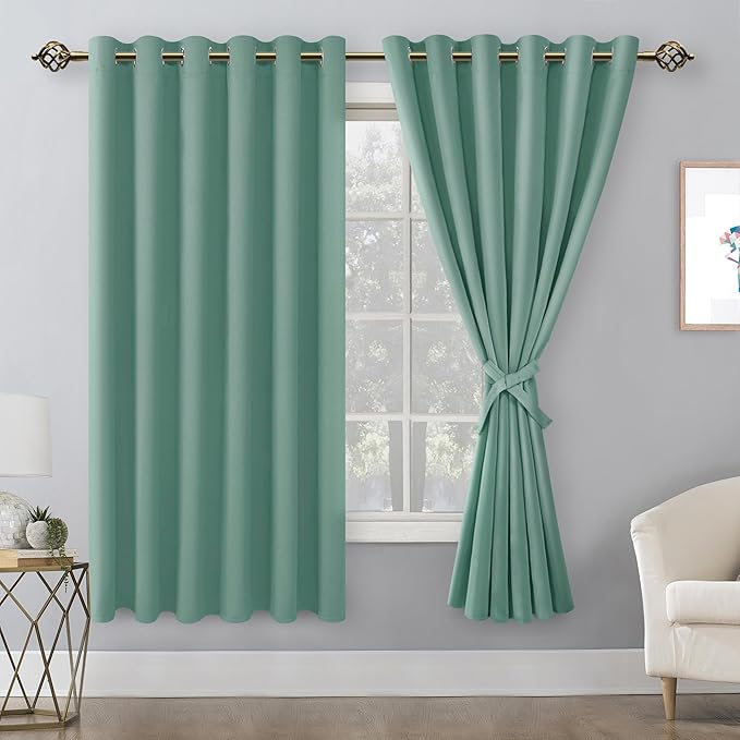 Hiasan Grommet Blackout Curtains for Bedroom, 70 x 63 Inches - Thermal Insulated & Light Blocking Window Drapes for Living Room/Dorm Room, Set of 2 Panels Sewn with Tiebacks, Sage Green - Image 2