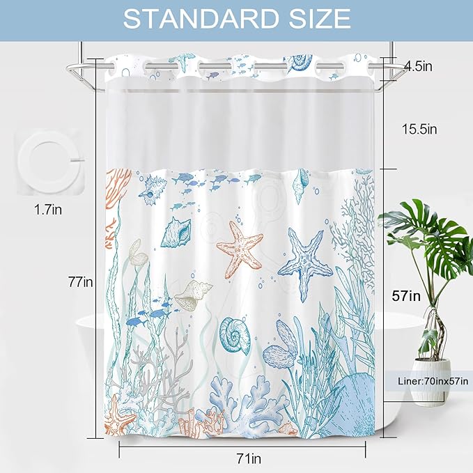 Long No Hook Shower Curtain with Snap in Liner, Beach Ocean Nautical Coastal Shower Curtains and Liner Set for Bathroom, Seashell Fabric Bath Curtain, Waterproof Washable, Orange 71" x 77" - Image 7