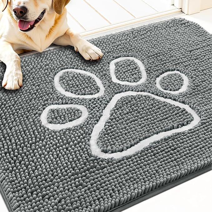 OLANLY Dog Door Mat for Muddy Paws 30x20, Paw Print Design, Absorbs Moisture and Dirt, Absorbent Non-Slip Washable Doormat, Quick Dry Chenille Mud Mat, Entry Indoor Entryway Carpet, Grey and White by OLANLY