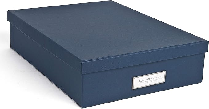 Bigso Oskar Fiberboard Label Frame Document Letter Box - File Organizer Box for Important Paperwork - Document Storage with a Lid & Metal Label Window - 3.3 in x 10.2 in x 13.8 in - Dark Blue by Bigso
