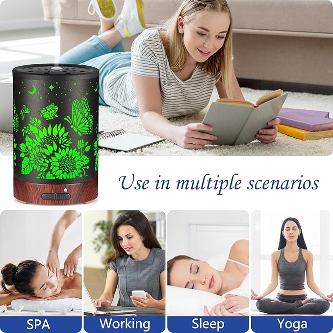 Essential Oil Diffuser- Aromatherapy Diffuser with7 Colors Light and Auto-Off for Women Metal Cool Mist Humidifier for Home and Office for Mom Women（Sunflower + Butterfly） - Image 6
