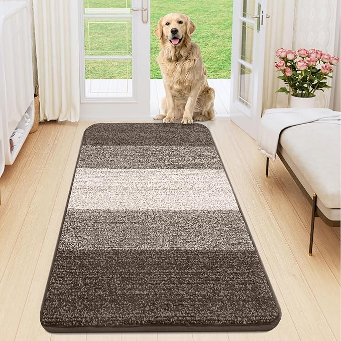 Smiry Dog Door Mat for Muddy Paws, Absorbs Moisture and Dirt, Low-Profile Entryway Mat with Non-Slip Backing, Entry Indoor Outdoor Doormat for Inside Floor (47x20 Inches, Light Brown, Striped) by Smiry