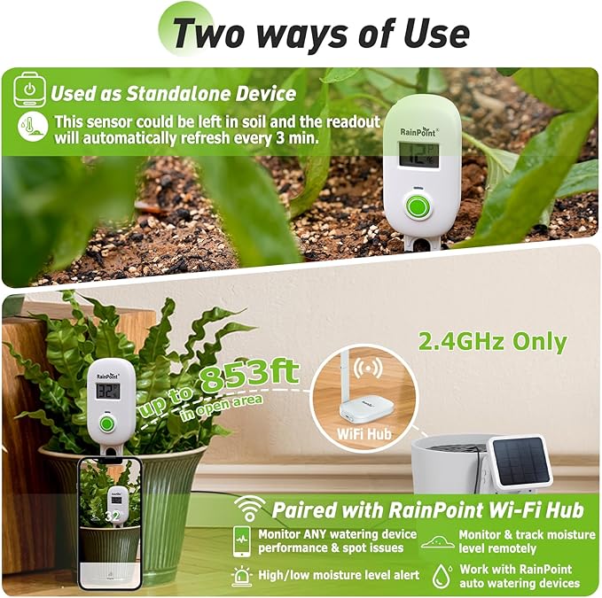 RAINPOINT Smart Digital Wireless Plant Moisture Meter Houseplants Indoor WiFi Hub Kit with Low/High Moisture Alert,Real-time Monitor Hygrometer Sensor Outdoor Gardening Push Notification&Email - Image 2
