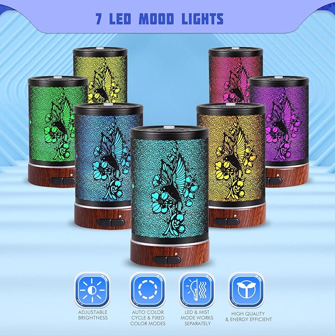 Essential Oils Diffuser,Aromatherapy Diffuser,Birthday Gifts for Women Mom Grandma,Metal Cool Mist Humidifier with 7 Colors Lights Waterless Auto Off Air Diffusers (A-Hummingbird) - Image 2