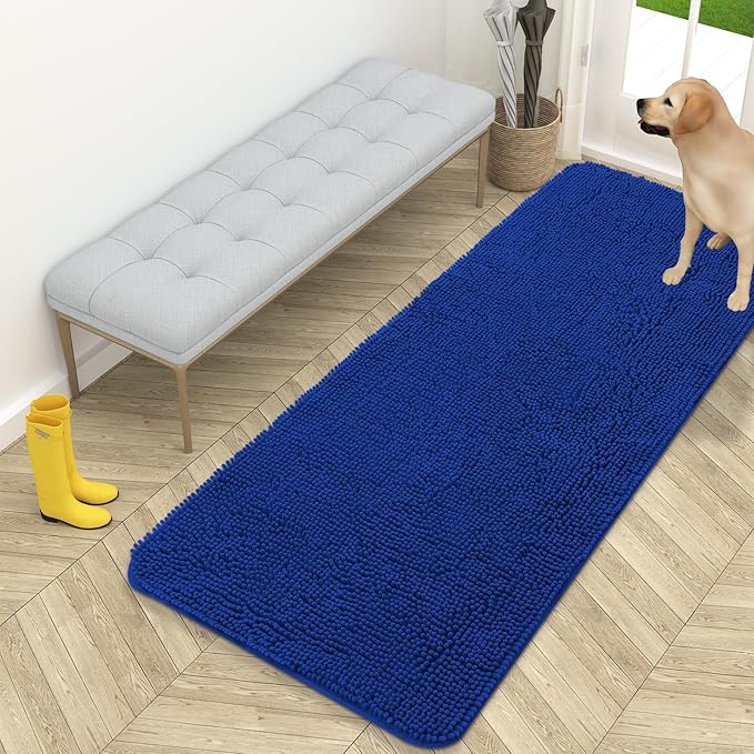 OLANLY Dog Door Mat for Muddy Paws 59x24, Absorbs Moisture and Dirt, Absorbent Non-Slip Washable Doormat, Quick Dry Chenille Mud Mat for Dogs, Entry Indoor Entryway Carpet for Inside Floor, Royal Blue by OLANLY