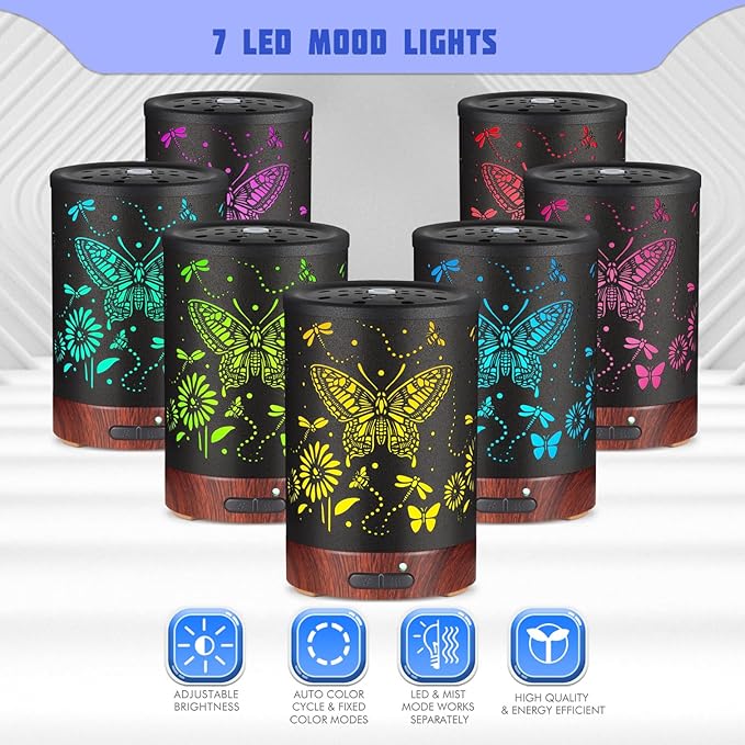 Metal Essential Oils Diffuser 150ML Aromatherapy Diffuser Cool Mist Humidifier with 7 Colors Lights Waterless Auto Off Air Diffusers as Gifts for Mom(Butterfly) - Image 2