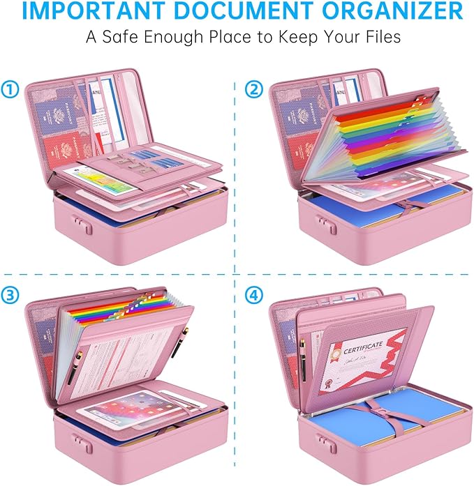 ENGPOW Fireproof File Organizer Bag with 13 Colorful Pockets Accordion File Folder,5200℉ Document Organizer Box with Lock&Labels,Multi-Layer Portable Home Safe Storage for Important Documents,Pink - Image 8