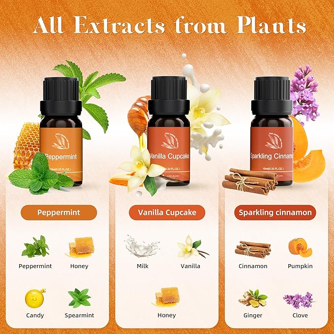 ASAKUKI Essential Oils for Diffusers for Home, Fragrance Oil for Candle Making, Peppermint, Vanilla Cupcake, Sparkling Cinnamon, Spiced Pumpkin, Christmas Wreath and Apple Cinnamon 6 x 10 ml - Image 2