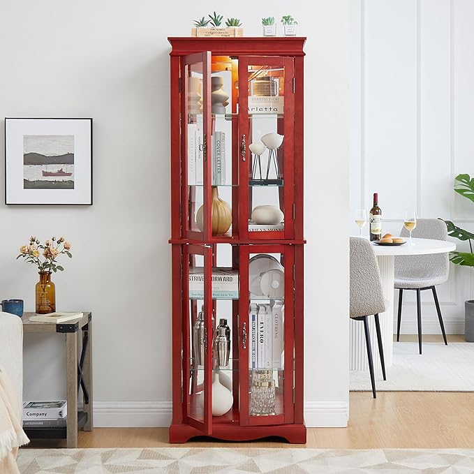 Lighted Glass Curio Cabinet with Lights & Adjustable Shelves,Curio Display Cabinet with Wood Frame,Corner Cabinet for Kitchen,Living Room,Office - Image 9