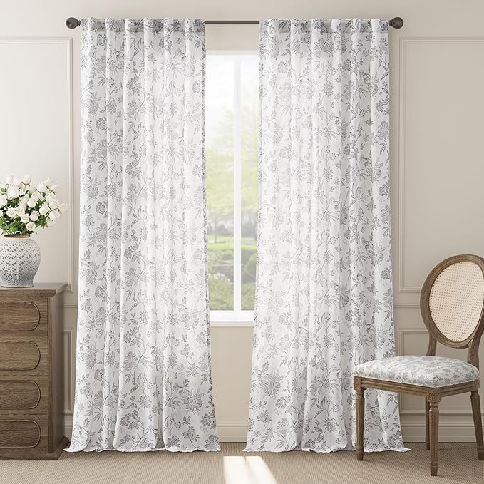 jinchan Linen Floral Curtains for Living Room, 96 Inch Length Curtains with Printed Flower Light Filtering Curtain, Rod Pocket Back Tab Gray Window Curtain Set 2 Panels Light Grey on White - Image 2