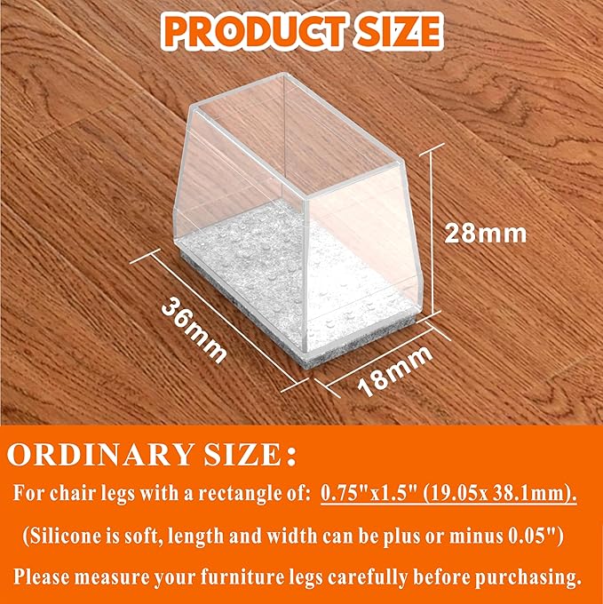 Rectangle Chair Leg Protectors for Hardwood Floors,16 PCS Silicone Covers to Protect Wood Tile Floors Felt Pads Furniture Leg Caps Reduce Noise. Easy to Move.(Clear,0.75 x 1.5 Inch,Rectangle) - Image 2