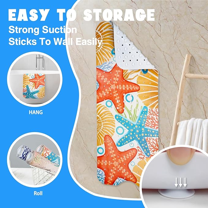 Ocean Bathtub Mat Non Slip, Cute Baby Bath Mat for Tub Rubber Tub Mat, Starfish Seashells Toddler Kids Bath Mats for Bathroom Anti Slip Shower Mat with Suction and Drain Holes Machine Washable,40″x16″ - Image 6