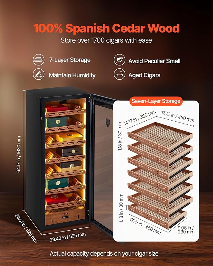 VEVOR Electric Humidor, 288L, 1700 Counts Electric Cigar Humidor Cabinet with Compressor Cooling, Constant Humidity & Temperature Control, Spanish Cedar Wood Shelves & Drawers, 7 Layers, for Household - Image 4