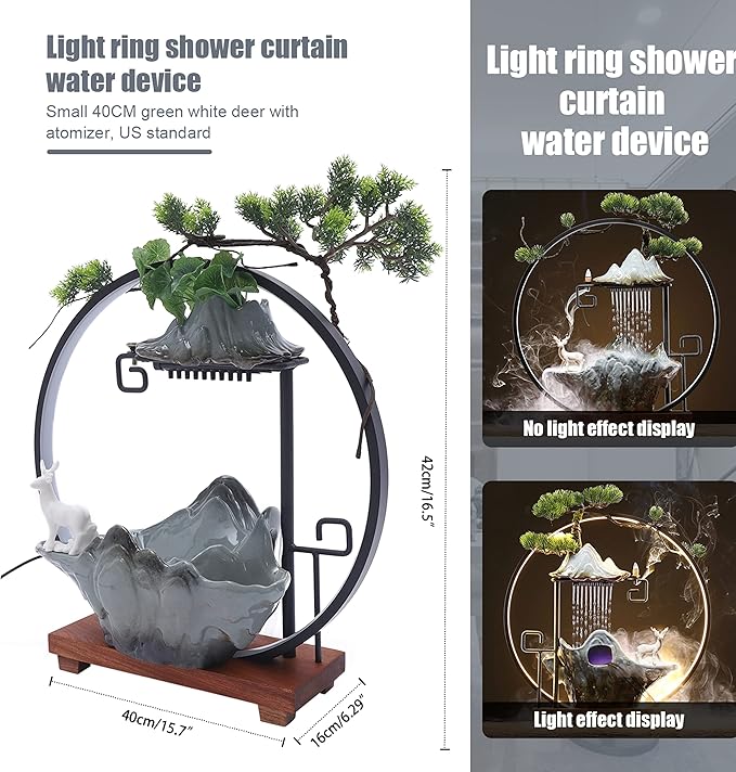 17In Water Fountains Indoor Tabletop Water Fall Humidifier with LED Light and Atomizer Mist, Zen Decor Meditation Japanese Decor Fake Plants Feng Shui Decor Festival Birthday Gift for Good Luck Wealth - Image 3