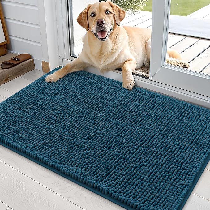 OLANLY Dog Door Mat for Muddy Paws 36x24, Absorbs Moisture and Dirt, Absorbent Non-Slip Washable Doormat, Quick Dry Chenille Mud Mat, Entry Indoor Entryway Carpet for Inside Floor, Atlantic Blue by OLANLY