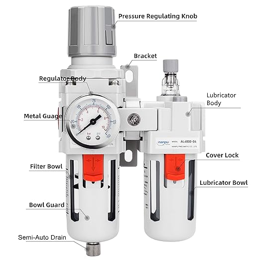 NANPU 1/2" NPT Compressed Air Filter Regulator Lubricator Combo Water/Oil Trap Separator - Gauge(0-150 psi), Poly Bowl, Semi-Auto Drain, Bracket - 3 in 1 Two Unit - Image 2