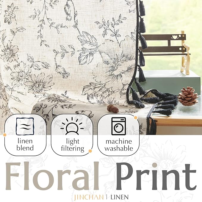 JINCHAN Linen Curtains Floral Curtains Living Room 96 Inch Long Printed Curtains Tassels Rod Pocket Back Tab Farmhouse Rustic Peony Flower Patterned Drapes Bedroom Window Curtain Set 2 Panels Black - Image 2