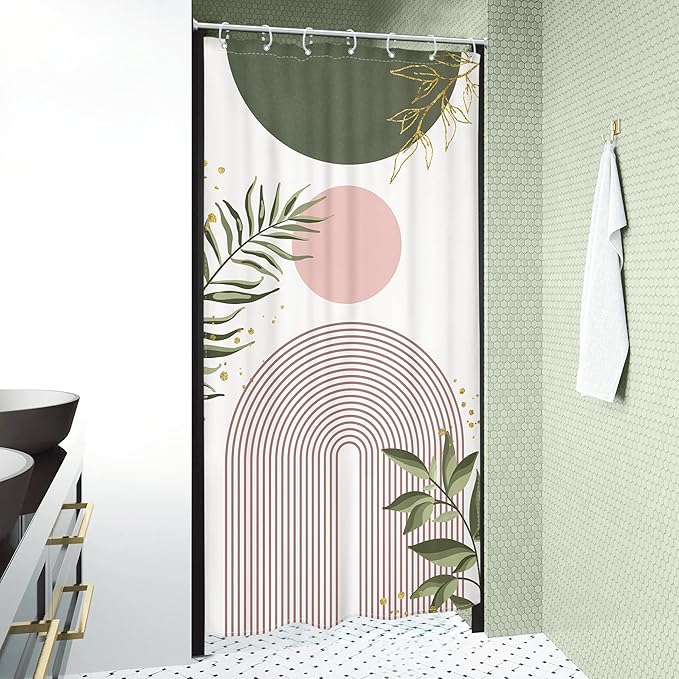 Small Stall Boho Shower Curtain 36Wx72H RV Green Pink Modern Mid Century Abstract Leaves Plant Minimalist Geometric Bathroom Decor Half Narrow Standing Bath Curtain Fabric Polyester 7 Pack Hook - Image 3