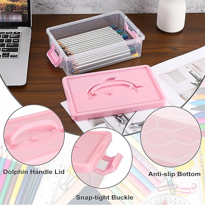 BTSKY 1-Pack Clear Plastic Storage Box with Lid, Stackable Organizer Featuring Easy-Lift Dolphin Design, Multi-Use Portable Container for Home, Craft, Office, Space-Saving with Secure-Clasp, Pink - Image 4