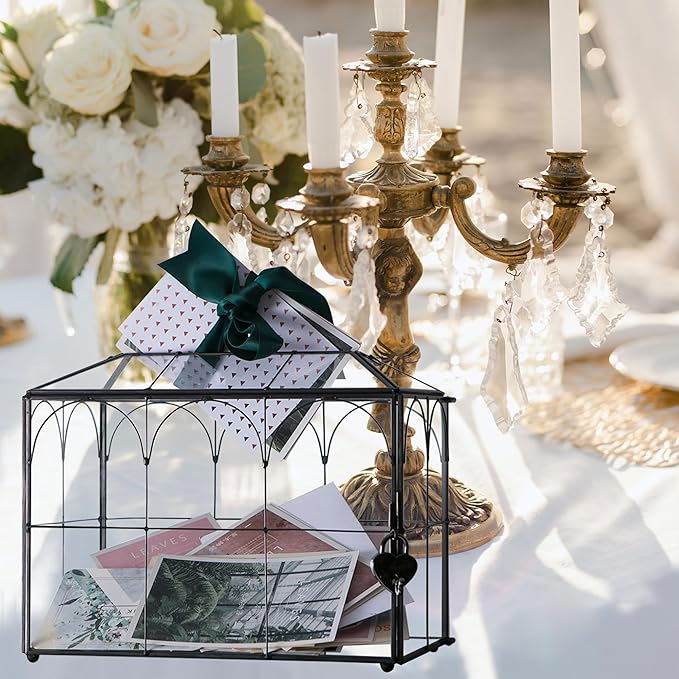 Wedding Card Box with Slot, 10.2'' Large Glass Card Boxes for Reception, Black Geometric Holder, Clear Decorative Storage Box with Lock for Baby Shower, Birthday Party, Christmas, Bridal Shower - Image 7