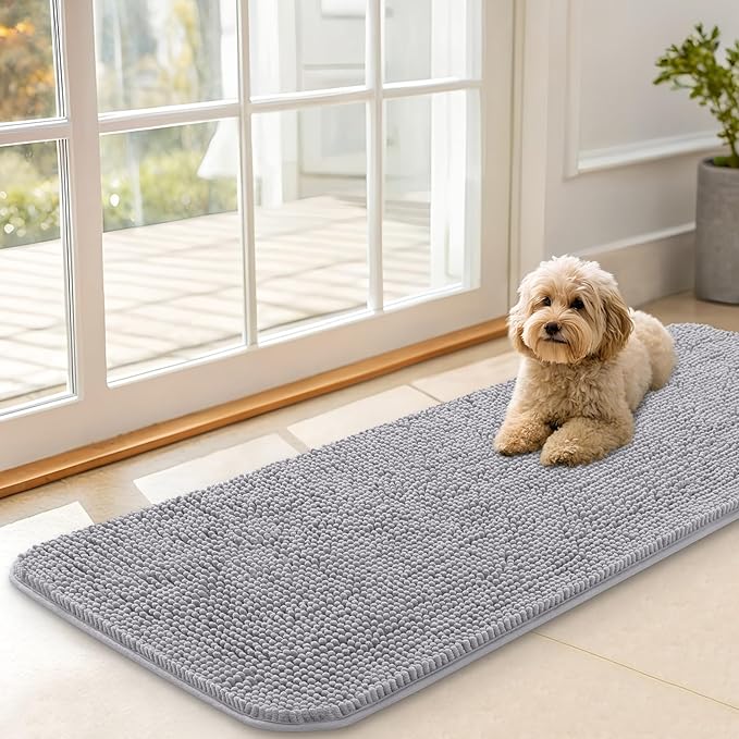 OLANLY Dog Door Mat for Muddy Paws 47x17, Absorbs Moisture and Dirt, Absorbent Non-Slip Washable Doormat, Quick Dry Chenille Mud Mat for Dogs, Entry Indoor Entryway Carpet for Inside Floor, Light Grey by OLANLY