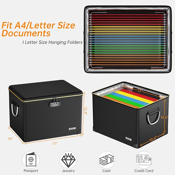 Fireproof Document Box,Hard Case File Organizer with Fireproof Zipper&Threads,Non-Foldable Filing Cabinet with Lock, Portable Office Safe Box Storage for Hanging Letter Folder,Valuables,Black - Image 5
