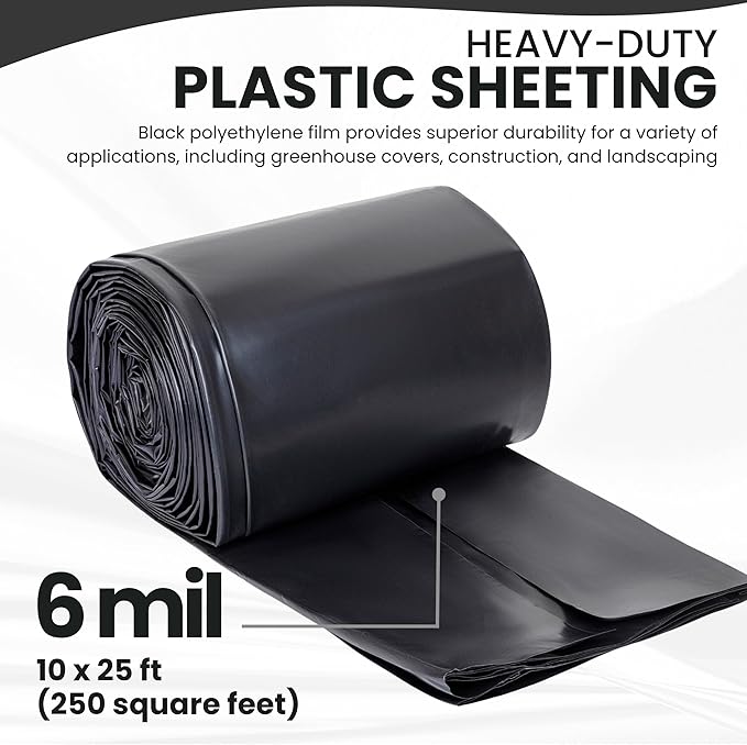 Plastic Sheeting (10' x 25') Long, 6 Mil (Black) - UV Protection Poly Sheeting Polyethylene Film, Heavy Duty Greenhouse Plastic Sheeting - Image 2