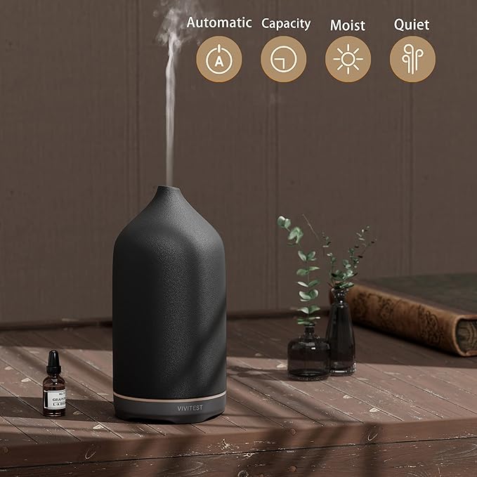 VIVITEST Diffusers for Essential Oils,Stone Oil Diffuser,Ceramic Essential Oil Diffusers Black for Home (250ML) - Image 4