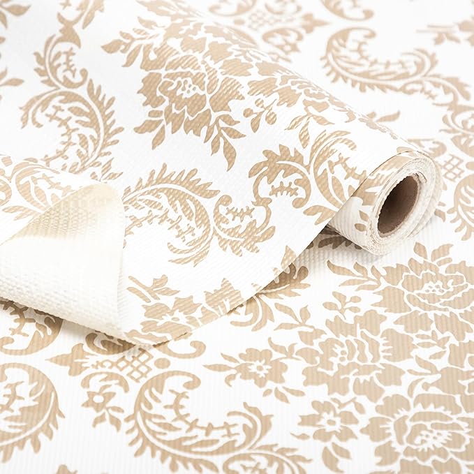 RAY STAR Shelf Liner, Non Adhesive Golden Damask Floral Cabinet Liner for Pantry Drawer, Strong Grip Non Slip Waterproof, Shelf Liners for Kitchen Cabinets Organization 18 Inch x 8 FT (4 Rolls) by RAYSTAR