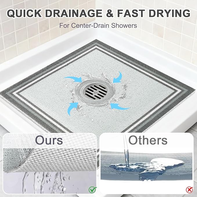Square Shower Mat Non Slip: 24x24 Inch Extra Large Shower Mats for Inside Shower, Anti Slip Shower Floor Mat, Loofah Shower Stall Mats for Elderly, Non Slip Shower Mat with Drain Hole in Middle - Image 4