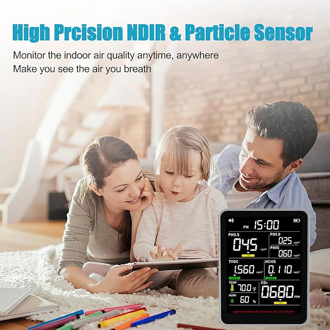 XOOPON 13-in-1 Indoor Air Quality Monitor with PM1.0/2.5/10, CO2, HCHO, TVOC, Temp, Humidity & Time, 4 Alarm Modes, Portable Air Quality Tester for Home, Office, Car, Wall-Mount or Desktop Use - Image 3