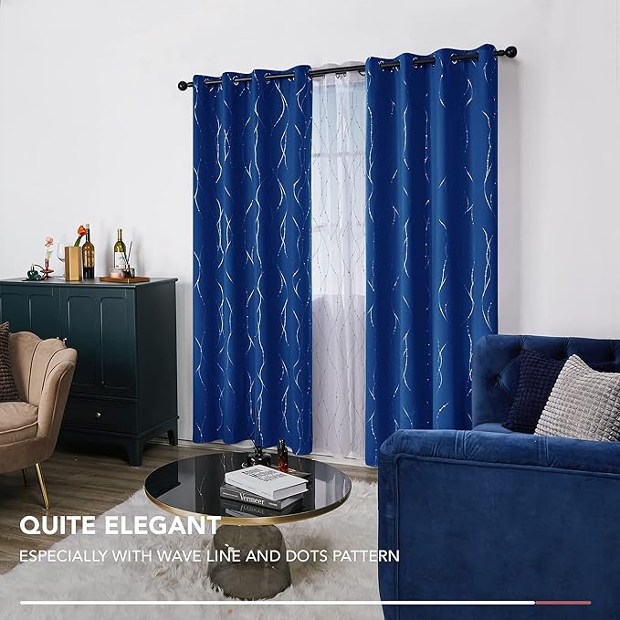 Deconovo Blackout Curtains, 52 x 108 Inch Drape for Sliding Door with Wave Dot Silver Print, Soundproof Thermal Insulated Window Curtain for Bedroom Living Room, Set of 2, Machine Washable, Royal Blue - Image 6