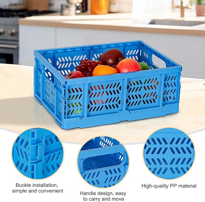 Heavy Duty Plastic Milk Crates for Storage, 4-Pack Stackable Storage Bins for Organizing, Collapsible Storage Basket with Handle for Groceries, Suitable for Home Office School Store, Blue - Image 3