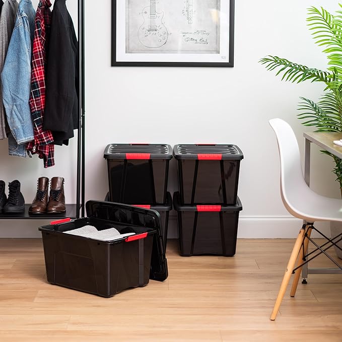 IRIS USA 40 Qt Stackable Plastic Storage Bins with Lids, 4 Pack - BPA-Free, Made in USA - Garage Organizing Solution, Latches, Durable Nestable Containers, Secure Pull Handle - Black - Image 4