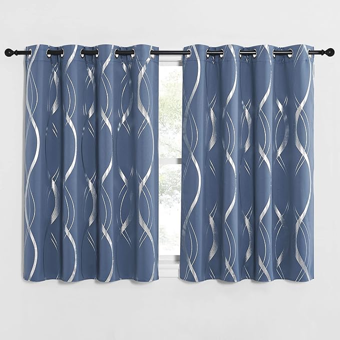 NICETOWN Blackout Short Curtains Panels for Bedroom, Microfiber Noise Reducing Thermal Insulated Wave Line Foil Print Design Drapes for Office, Classroom (Stone Blue, 2 Panels, 52 x 54 Inch) - Image 2