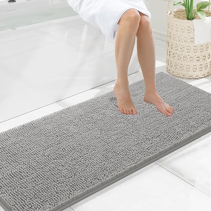 Smiry Luxury Chenille Bathroom Rugs 59x20, Extra Soft and Absorbent Shaggy Bath Mat, Machine Washable, Non-Slip Plush Carpet Runner for Tub, Shower, and Floor, Home Decor Accessories, Light Grey by Smiry