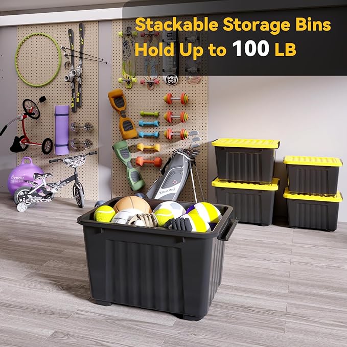 Nazhura 72Quart Plastic Storage Bin, Stackable and Nestable Storage Boxes with White Lids and Secure Latching Buckles, Large Storage Container (Black/Yellow, 72Quart-6Pack) - Image 5