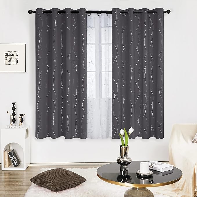 Deconovo Grey Blackout Curtains for Living Room, Thermal Insulated Soundproof Drapes, Wave Dots Foil Print, 52 x 72 Inches Long, 2 Panels, Machine‑Washable Window Panel for Bedroom Nursery Office - Image 2