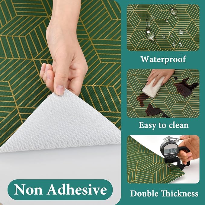 Shelf Liners for Kitchen Cabinets 17.5in x 30FT, Non Adhesive Cabinet Liner Strong Non-Slip Thickened Gold Green Geometric Drawer Liner, Easy to Clean for Shelf, Cabinet with Knife and Tape Measure - Image 3