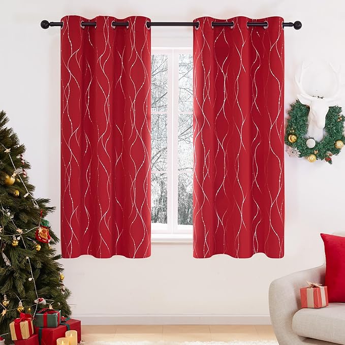 Deconovo Blackout Curtains, Christmas Red Curtain, Thermal Insulated Noise‑Reducing Drapes, Wave Line Dot Foil Print, 42 x 45 Inch, 2 Panels, Machine‑Washable Window Curtain for Home Party Living Room by Deconovo