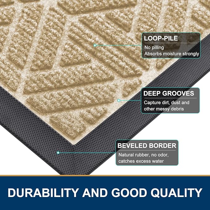 Smiry Front Door Mat Outside Entrance, Heavy Duty Sturdy Natural Rubber Doormat, Trap Dirt and Moisture, Easy Clean Low Profile Mats for Indoor Outdoor Entry, Grid Geometric (71x23, Beige) - Image 4