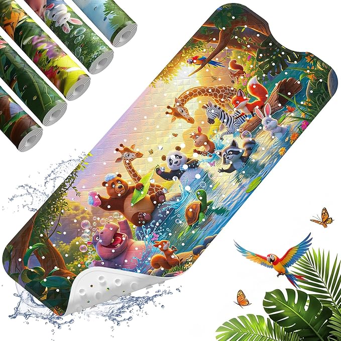 XIYUNTE Upgrade Baby Bath Mat Non Slip - 40"x16" Extra Long Kids Bath Mat for Tub Non Slip Bathtub Mat Eco-Friendly Toddler Bath Mats with Suction Cups, Machine Washable and No Fading, Animal Dusk by XIYUNTE
